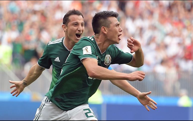 Lozano anotó el tanto que le dio la victoria al equipo tricolor frente al europeo en su primer partido en el Mundial de Rusia 2018. EFE / P. Powell
