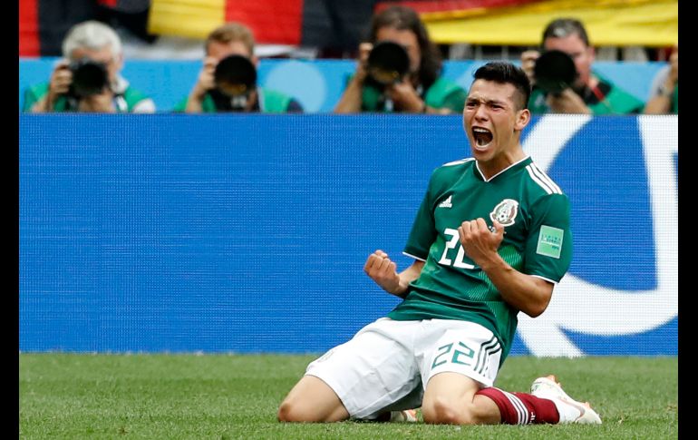 Hirving Lozano, de la Selección mexicana, celebra su gol en su partido debut en el Mundial de Rusia, disputado en Moscú. México venció 1-0 a Alemania. AP/A. Calanni