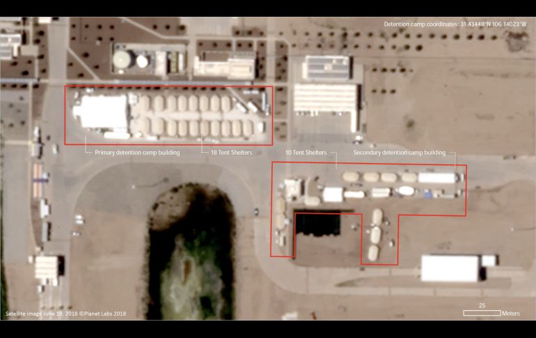 Fotografía satelital fechada el 19 de junio que muestra el campamento en Tornillo,  un pueblo en el desierto cerca de El Paso, en el límite entre Texas y México.