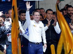 Ricardo Anaya durante un mitin realizado en la explanada del Palacio Municipal de Ciudad Nezahualcoyotl, Estado de México. NOTIMEX/J. Lira