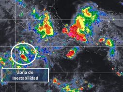 La zona de inestabilidad se ubica a 505 kilómetros al sur-suroeste de Punta San Telmo, Michoacán. ESPECIAL/SMN