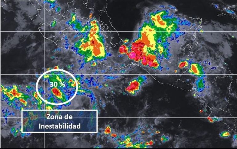 La zona de inestabilidad se ubica a 505 kilómetros al sur-suroeste de Punta San Telmo, Michoacán. ESPECIAL/SMN