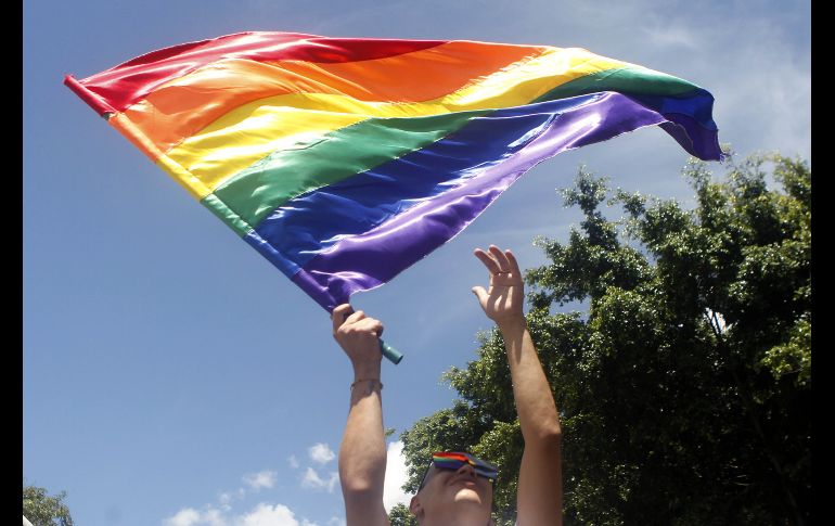 Un hombre agita una bandera LGBTI durante la marcha del orgullo gay en Medellín, Colombia. EFE/L. Noriega