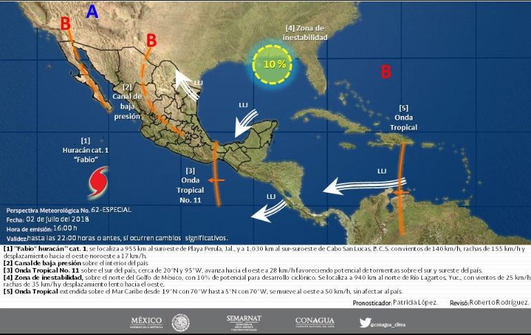 El SMN pidió extremar precauciones a la población de Jalisco y Baja California Sur por lluvias, viento y oleaje. TWITTER / @conagua_clima
