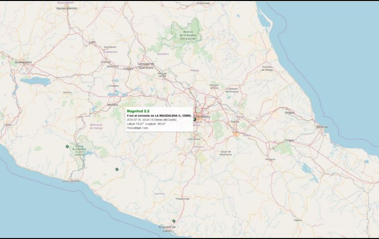 Indicaron que los sismos ocurrió a las 20:34 al noroeste de la delegación Magdalena Contreras. ESPECIAL / www.ssn.unam.mx/