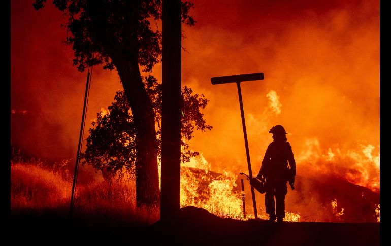 Un bombero participa en el combate a un incendio  forestal en Redding, California. El fuego descontrolado ha quemado más de 11 mil 500 hectáreas y provocado la muerte de una persona. AFP/J. Edelson
