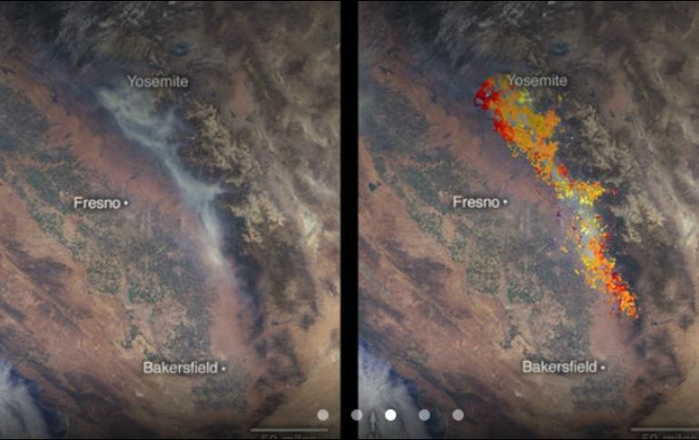 Una de las imágenes muestra el incendio de Ferguson que ardió el 13 de julio en el Bosque Nacional Sierra, al oeste del Parque Nacional Yosemite. ESPECIAL / climate.nasa.gov