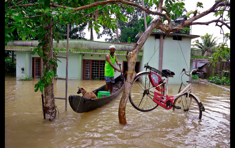 Un hombre rema en un bote en Alappuzha, en el estado indio de Kerala, azotado por lluvias torrenciales que han provocado al menos 250 muertes. AP/T. Augustine