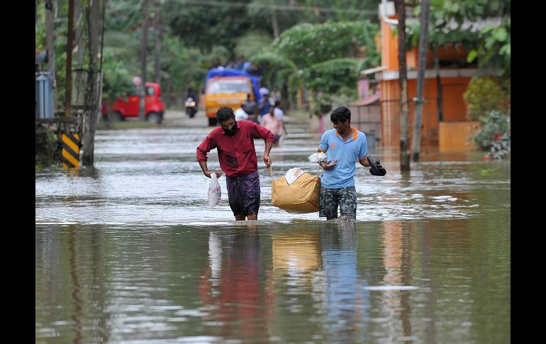 Habitantes cargan alimentos distribuidos para los afectados por las inundaciones en Pandanad, en el estado indio de Kerala. Más de un millón de personas han sido desplazadas por los efectos de las lluvias torrenciales. AFP/M. Kiran