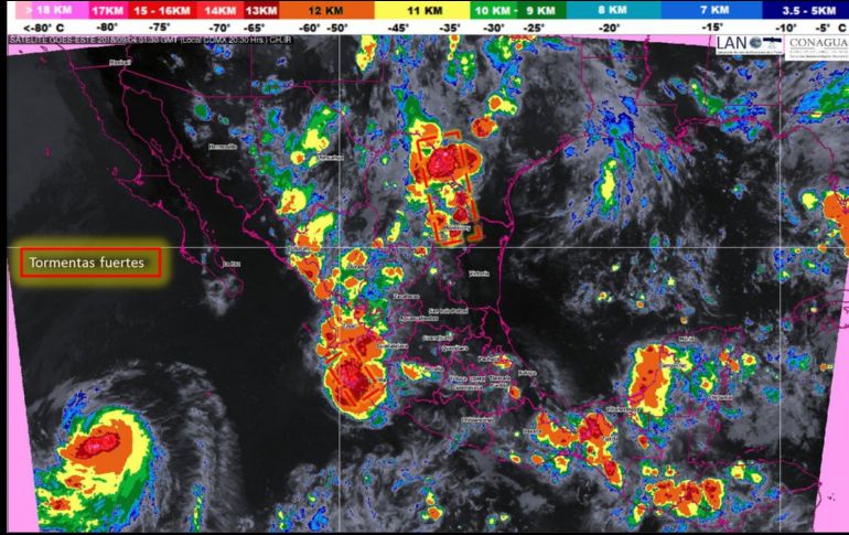 Mapa proporcionado por el organismo donde se muestran las zonas de tormenta. ESPECIAL/CONAGUA