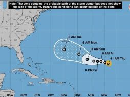 Imagen cedida por el Centro Nacional de Huracanes (NHC) que muestra el pronóstico de cinco días del huracán 