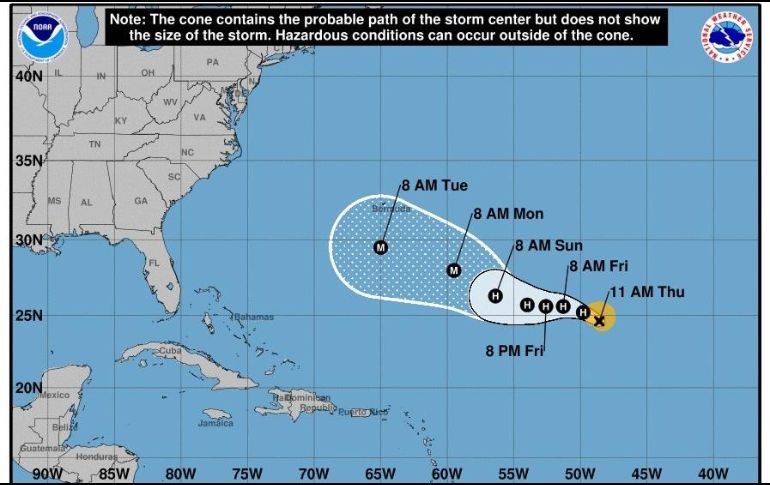 Imagen cedida por el Centro Nacional de Huracanes (NHC) que muestra el pronóstico de cinco días del huracán 