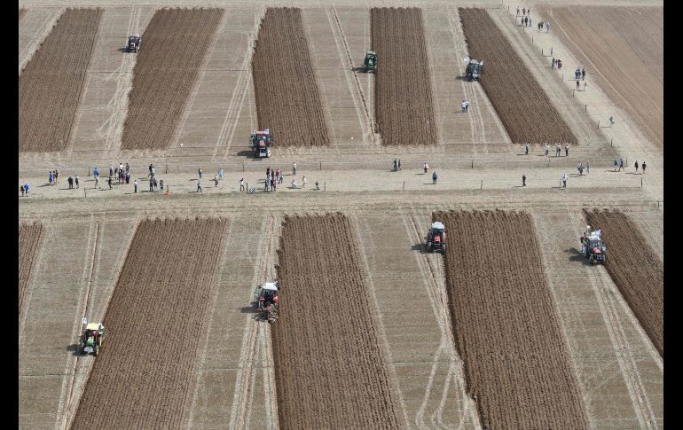 Campesinos participan en un campeonato nacional de arado en Javene, Francia. AFP/J. Monier