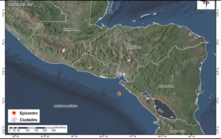 El movimiento telúrico tuvo lugar a una profundidad de 10 kilómetros, y fue causado por el choque entre las placas Cocos y Caribe. TWITTER/@MARN_SV