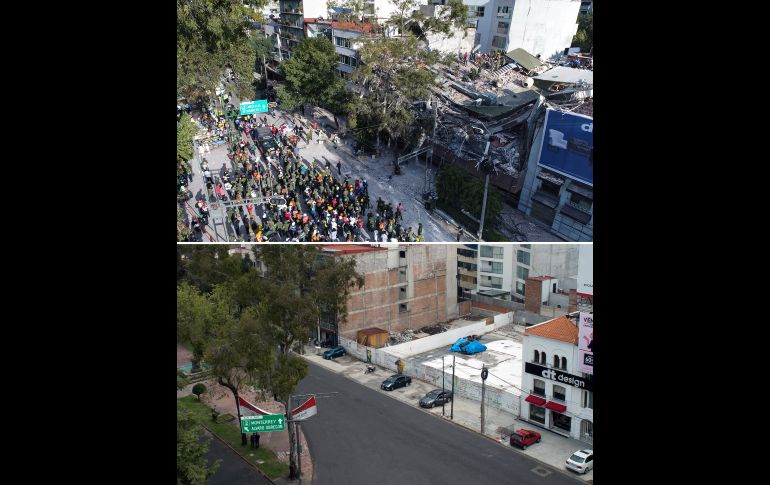 El edificio de la calle Álvaro Obregón 286 tras su colapso hace un año (arriba) y actualmente. En el sitio murieron 49 personas. AFP/M. Vázquez