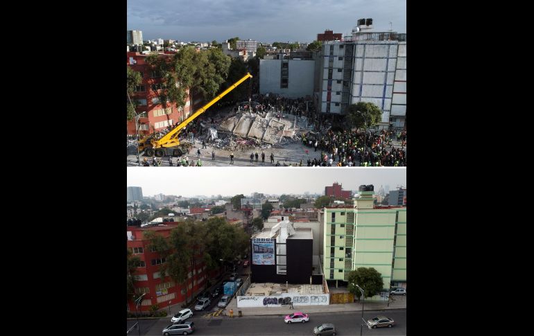 La búsqueda de víctimas en un edificio en la avenida Viaducto el día del sismo y cómo luce ahora. AFP/M. Vázquez