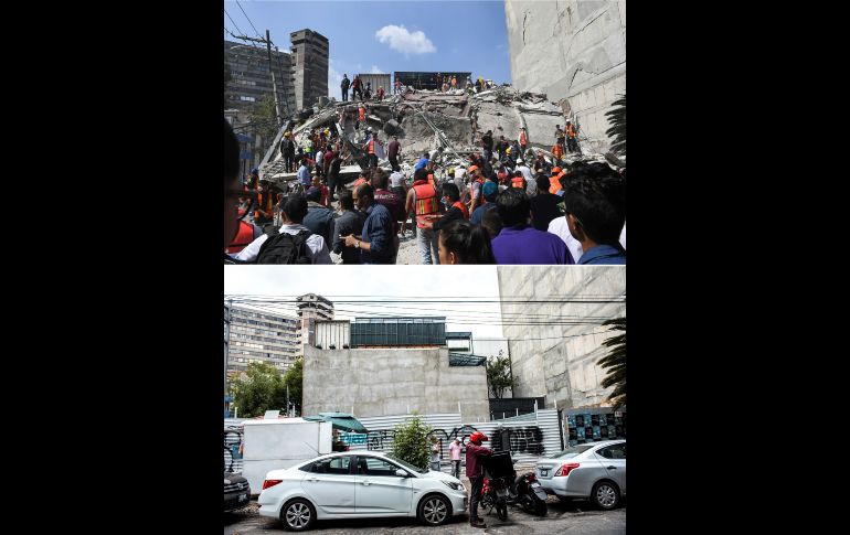 El terremoto del 19 de septiembre de 2017 dejó 228 víctimas mortales en la Ciudad de México. Imagen de la colonia Roma en esa fecha (arriba) y actualmente (abajo). AFP/P. Pardo