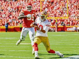 En esta escapada en el último cuarto ante los Chiefs, fue en la que Garoppolo se lastimó el ligamento anterior cruzado de la rodilla izquierda. AFP / P. Aiken