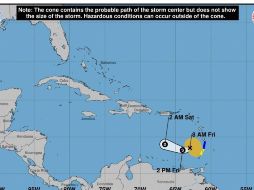 Imagen cedida por el Centro Nacional de Huracanes que muestra el pronóstico de tres días de 
