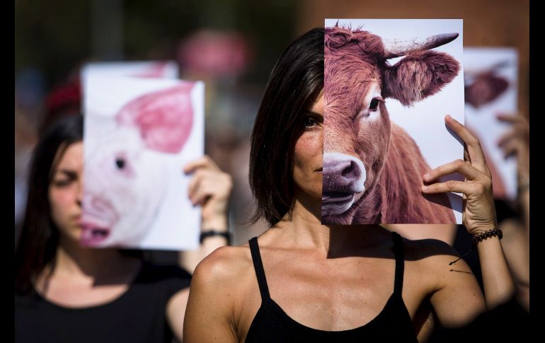 Mujeres portan fotografías de un animal durante una acción de Animalia Naturalis en Barcelona, España, en protesta contra el maltrato animal y con motivo del Dia Mundial de los Animales de Granja. EFE/ E. Fontcuberta