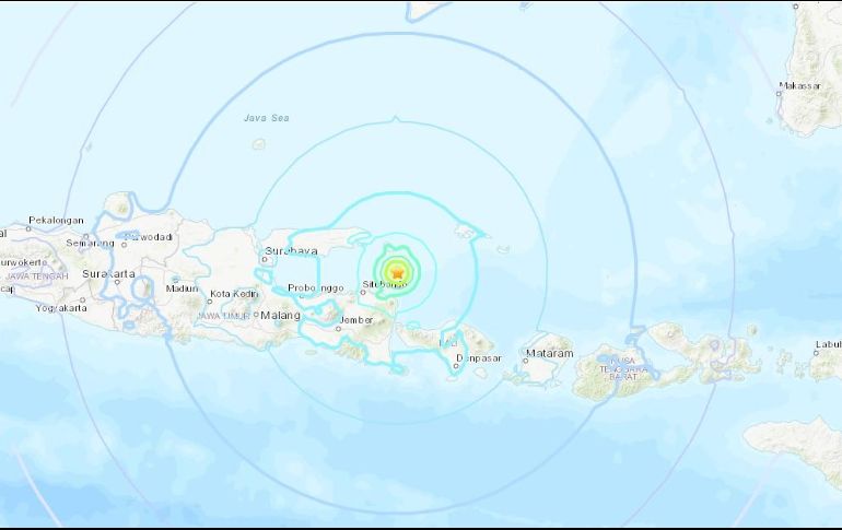 El temblor se registró al noreste de la punta oriental de Java, a unos 40 km de la isla, y a una profundidad de 10.3 km, según el USGS. ESPECIAL/USGS