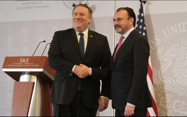 Luis Videgaray, y el secretario de Estado de Estados Unidos, Michael Pompeo, ofrecieron un mensaje conjunto en la Secretaria de Relaciones Exteriores. SUN / C. Mejía