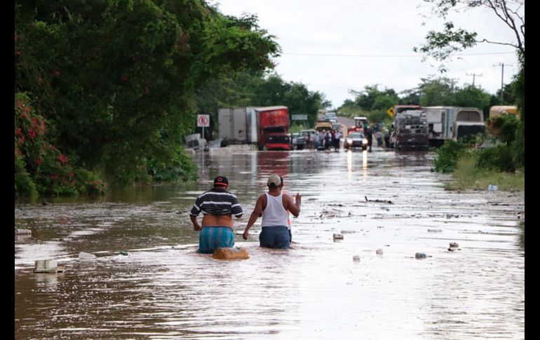 Habitantes caminan por una vía inundada en Tecuala, Nayarit.