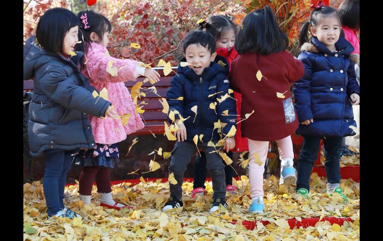 Niños surcoreanos juegan con las hojas caídas de los árboles en el lago Seokchon de Seúl, Corea del Sur. EFE / Yonhap