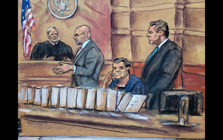 De las presentaciones de Guzmán en la corte estadounidense no se permite tomar fotos, por lo que solo se han difundido dibujos, como éste de la audiencia del 30 de octubre de 2018. EFE/Jane Rosenberg