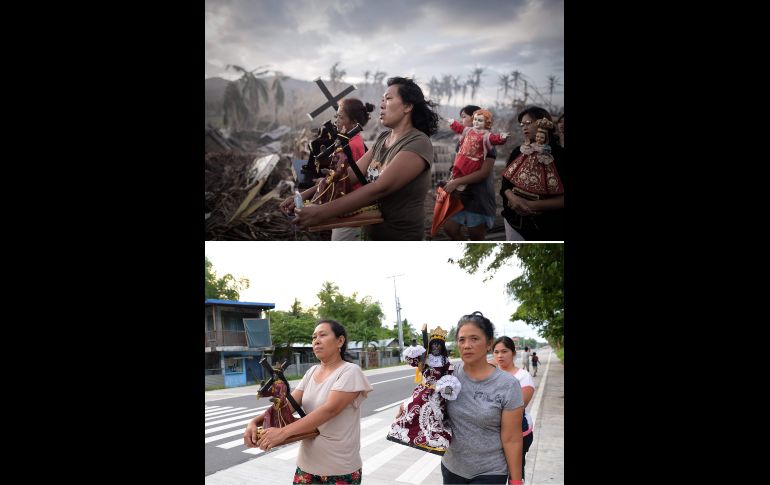 Sobrevivientes marchan en una procesión religiosa el 18 de noviembre de 2013 (arriba) en Tolosa, en la isla de Leyte, y mujeres en una carretera el 17 de octubre de 2018.
