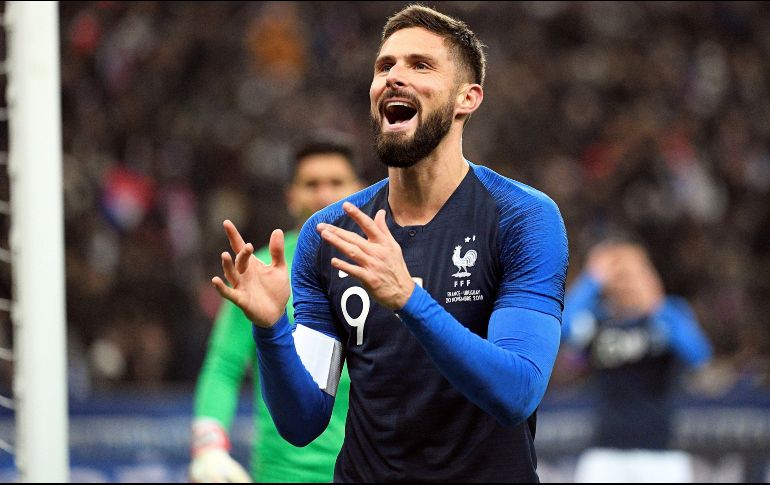 El jugador Olivier Giroud reacciona durante un partido amistoso entre Francia y Uruguay. EFE/H. Ranchin