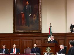 Luis María Aguilar, presidente de la SCJN, durante su cuarto informe de labores. Lo acompañaron Porfirio Muñoz Ledo, que encabeza la Cámara de Diputados; el presidente Andrés Manuel López Obrador; y Martí Batres, presidente del Senado. SUN/L. Godínez