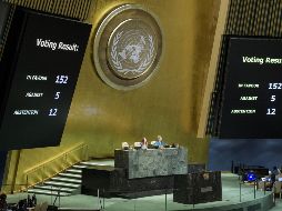 Pizarras electrónicas en la sede de la ONU muestran el resultado de la votación. EFE/M. Elías