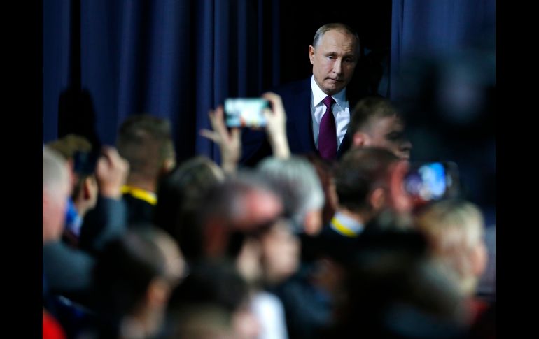 El presidente ruso Vladimir Putin llega a su conferencia de noticias anual en Moscú. AP/A. Zemlianichenko