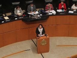 La aspirante al cargo de ministra de la Suprema Corte de Justicia de la Nación, Celia Maya García, habla en el Senado de la República. NTX/G. Durán