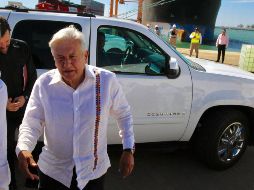 El Presidente de México, Andrés Manuel López Obrado, llega a la presentación del Sistema Intermodal Transístmico de Doble Estiba, el cual partirá de Salina Cruz, Oaxaca, hasta el puerto de Coatzacoalcos, Veracruz. NTX / J. Lira