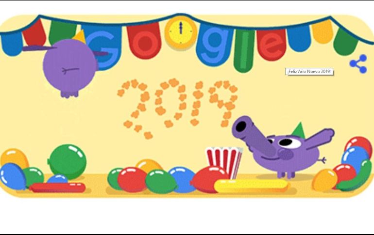 En la animación se observa en la parte superior de la pared un reloj, el cual muestra que ha llegado a la medianoche, mientras que el logotipo de Google también se ve en las decoraciones. ESPECIAL / google.com