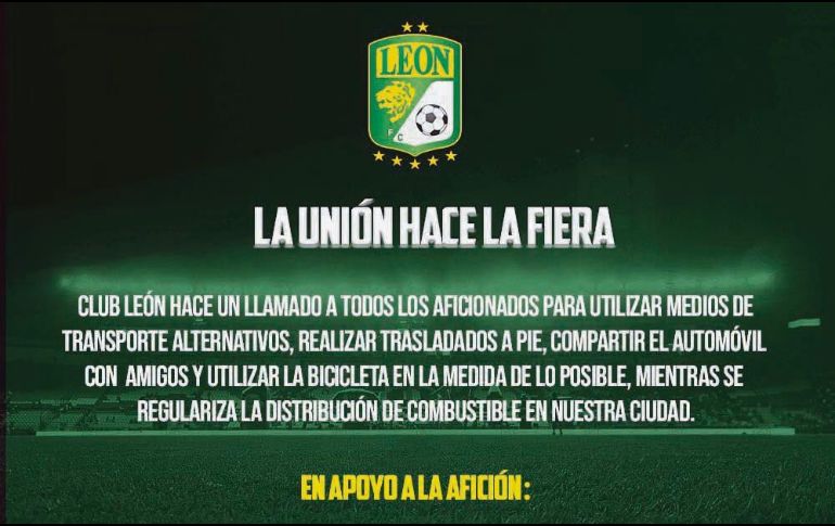 El comunicado en redes de los Panzas Verdes invita a usar medios de transporte compartidos. @CLUBLEONFC
