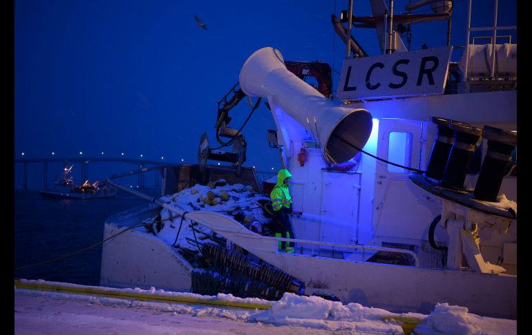 Un pescador quita nieve de un bote. Esta ciudad se ubica 350 kilómetros al norte del Círculo Polar Ártico y junto al mar. AFP/O. Morin