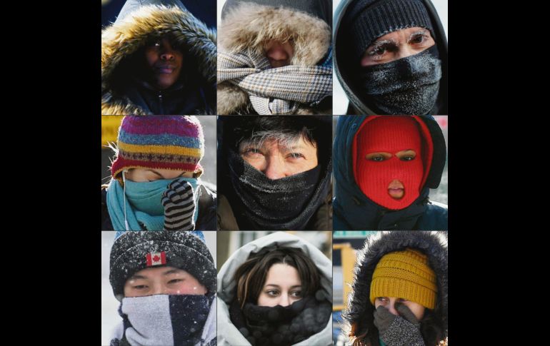Esta combinación de fotografías, tomadas el miércoles y jueves pasados, muestra a peatones protegiendo sus rostros del frío en las distintas ciudades azotadas por el histórico frente gélido. AFP