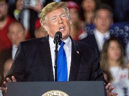 El presidente de los Estados Unidos, Donald Trump, habla ante la comunidad venezolano-estadounidense, este lunes en la Universidad Internacional de Florida. EFE/C. Herrera