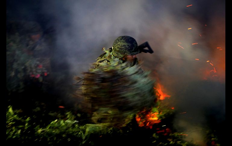 Un soldado quema plantas de amapola cerca de la localidad de Pueblo Viejo en la Sierra Madre del Sur, en Guerrero. REUTERS / C. Jasso