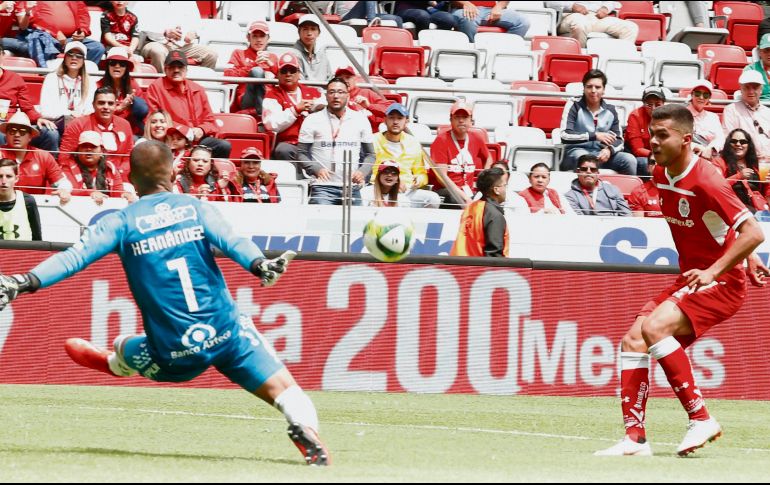 Alan Medina firma el primer gol de los Diablos Rojos, jugada que inició tras un mal pase de Osvaldo Martínez. EL UNIVERSAL