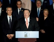 El secretario de Estado de los EU, Mike Pompeo, pronuncia un discurso durante una recepción para celebrar el 70 aniversario de la OTAN, en Washington. EFE/T. Brenner