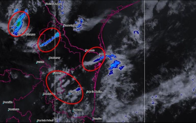 Imagen proporcionada por la Conagua donde se muestran las zonas nubosas con potencial de tormenta. ESPECIAL/CONAGUA