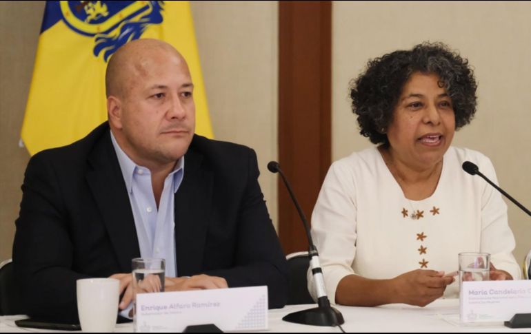 El gobernador, Enrique Alfaro, y la titular de la Conavim, Candelaria Ochoa, durante el arranque de la operación del Mecanismo de Adelanto para la Mujer. ESPECIAL/EnriqueAlfaroR