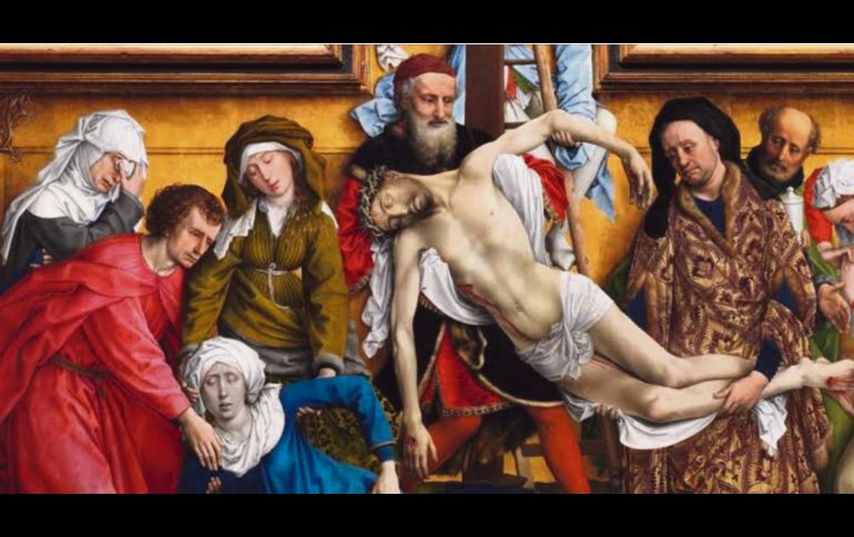 Conmovedora pintura sobre el descendimiento de la cruz, cuando el cuerpo sin vida de Cristo es bajado por José de Arimatea y la Virgen María que se desmaya a causa del dolor.