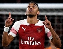 Aubameyang anota de volea para el Arsenal al 90'. EFE/N.Hall