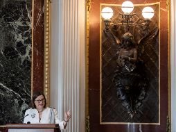 La embajadora de México en Estados Unidos, Martha Bárcena, ofrece una rueda de prensa en la que defiende el T-MEC, este viernes en Washington. EFE/E. Lesser