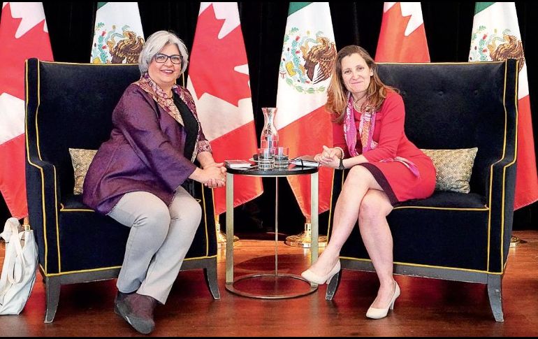 Graciela Márquez y Chrystia Freeland se reunieron para revisar los temas prioritarios de la relación económica bilateral entre México y Canadá. ESPECIAL
